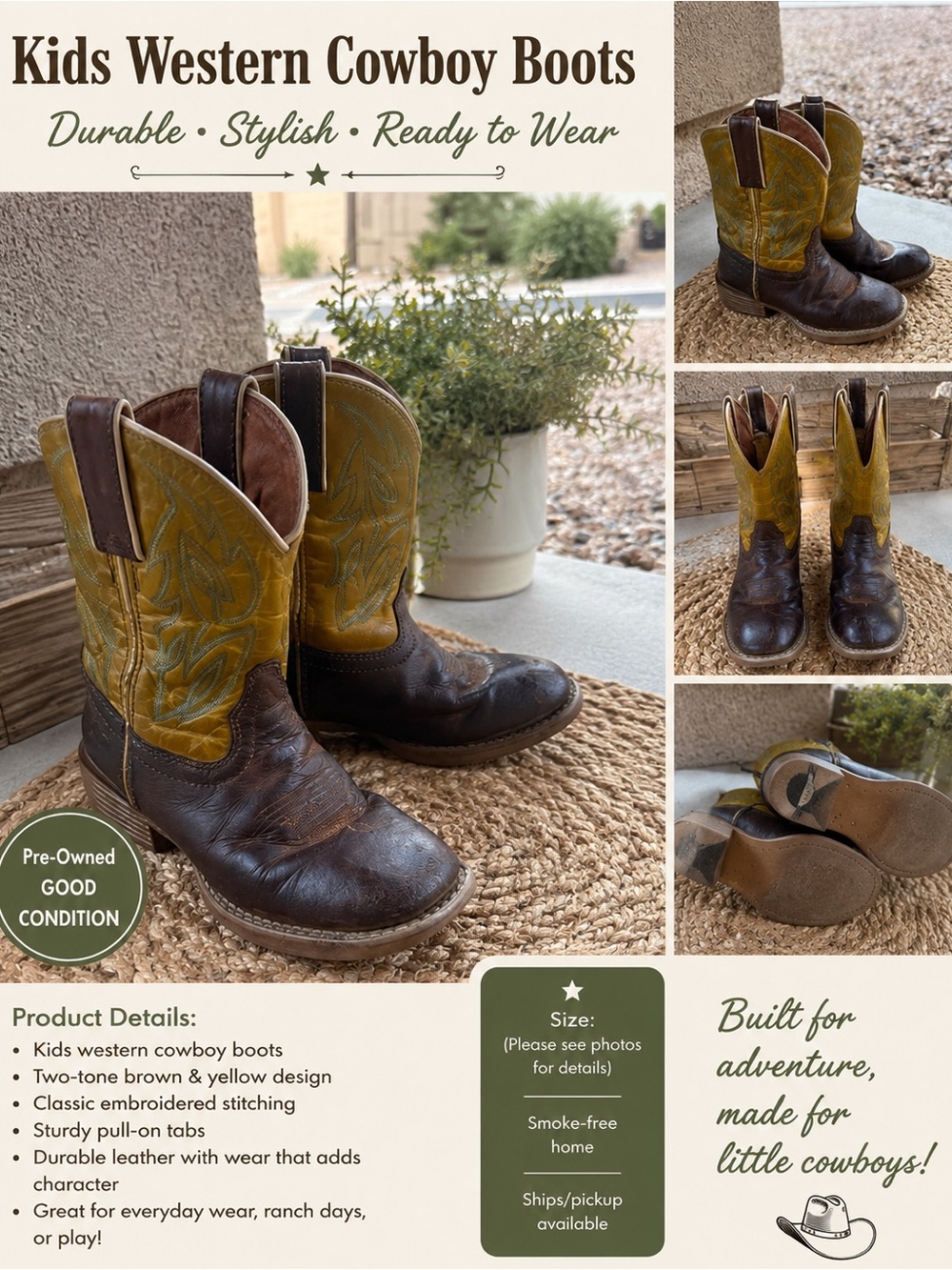 Justin Boots Two-Tone Brown and Yellow Kids Western Cowboy Boots